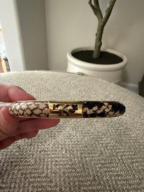 Tory Burch Gold Tone Bangle with Beige and Black Snakeskin Pattern